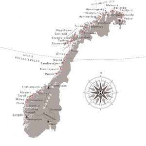 Karta över Hurtigruttens alla stopp